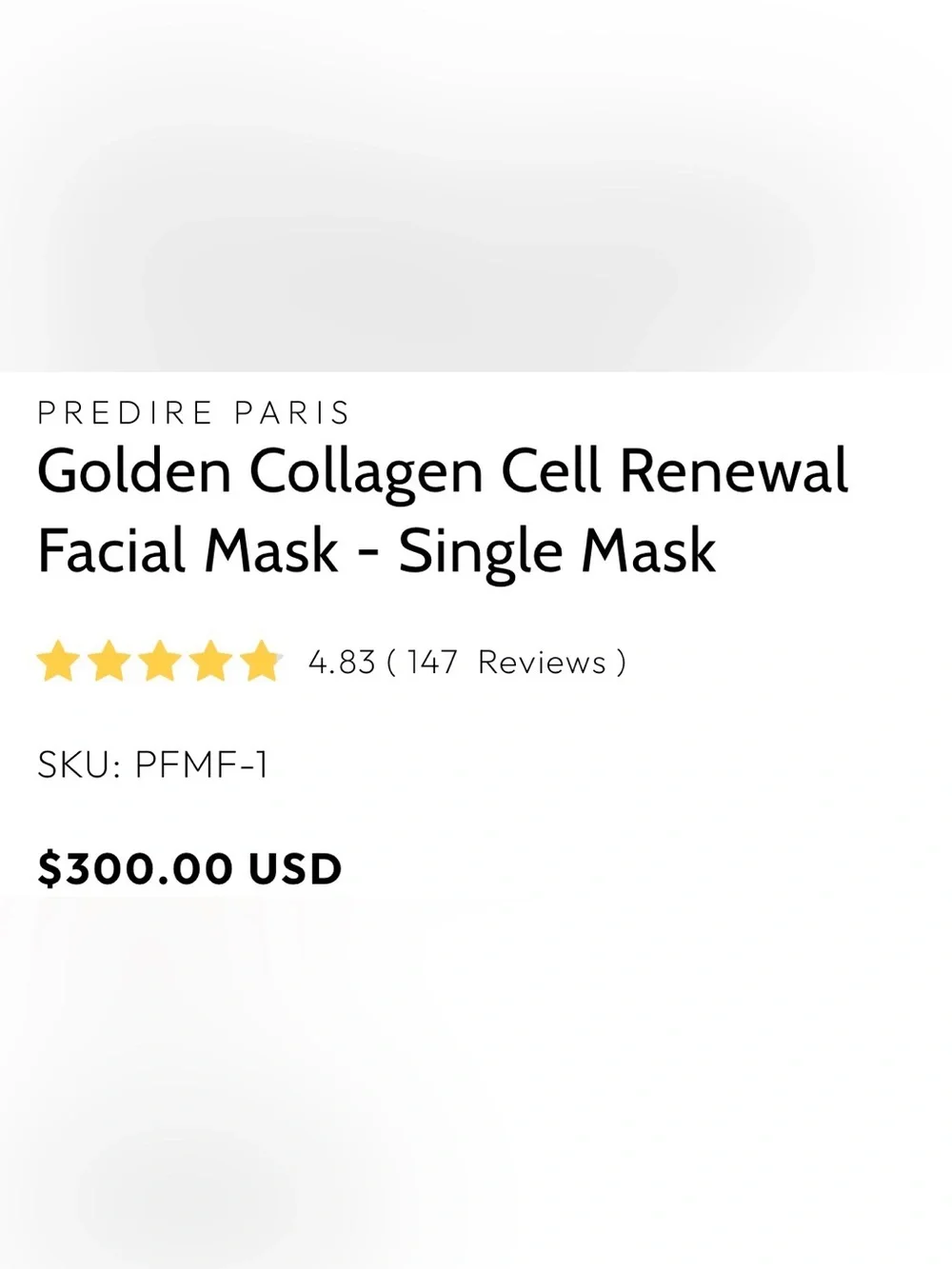 Predire Paris Golden Collagen Cell Renewal Face Mask- Single Mask ($300 Retail)